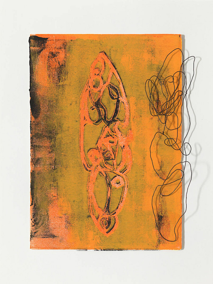 Artefakt 1, 2021, Linoldruck auf Papier, Draht, 30x40 cm