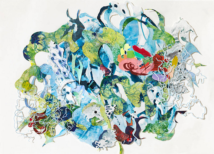 Unterwasserwelten 1, Collage, Acryl, Tusche auf Folie u.Papier, 70x50cm