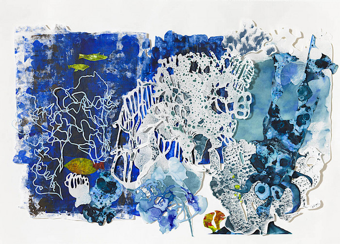 Unterwasserwelten 2, Collage, Acryl, Tusche auf Folie u.Papier, 70x50cm