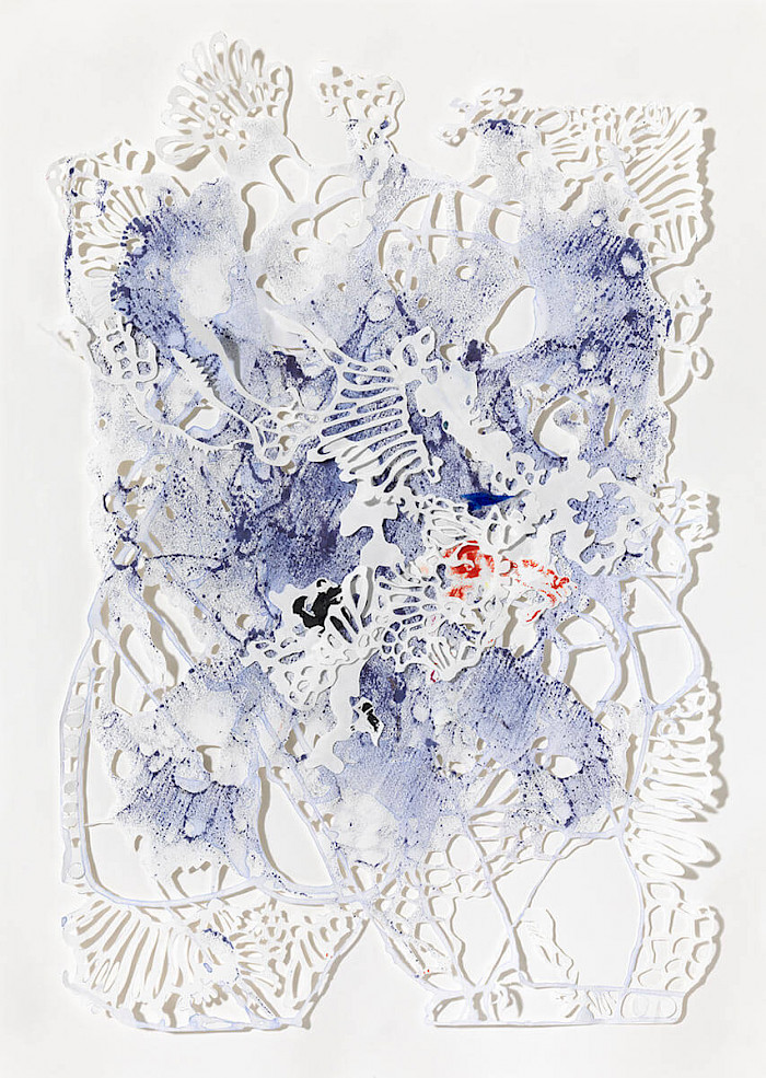 Unterwasserwelten 3, Papercut, Acryl u. Tusche auf Papier, 50x70cm